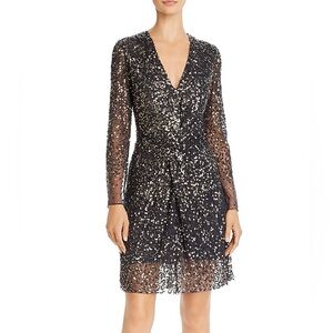 French Connection Emille Sparkle‎ Black & Gold Sequined Dress Sheer Sleeves Sz 4